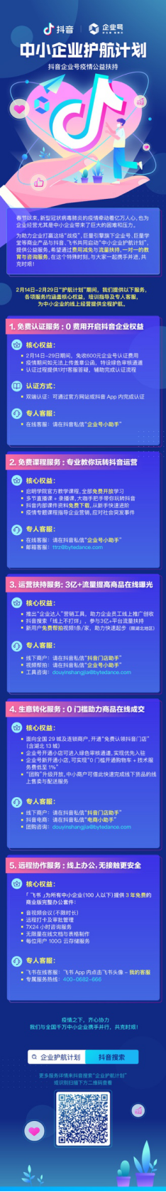 「中小企业护航计划」公布,开放抖音企业号免费认证等五项服务