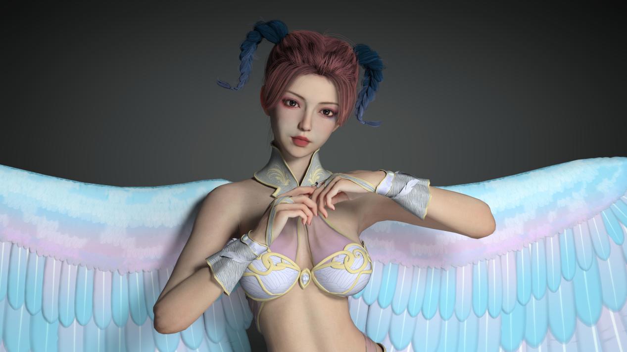 虚拟人 双马尾美女 时尚美女 带翅膀的美女 黑色背景